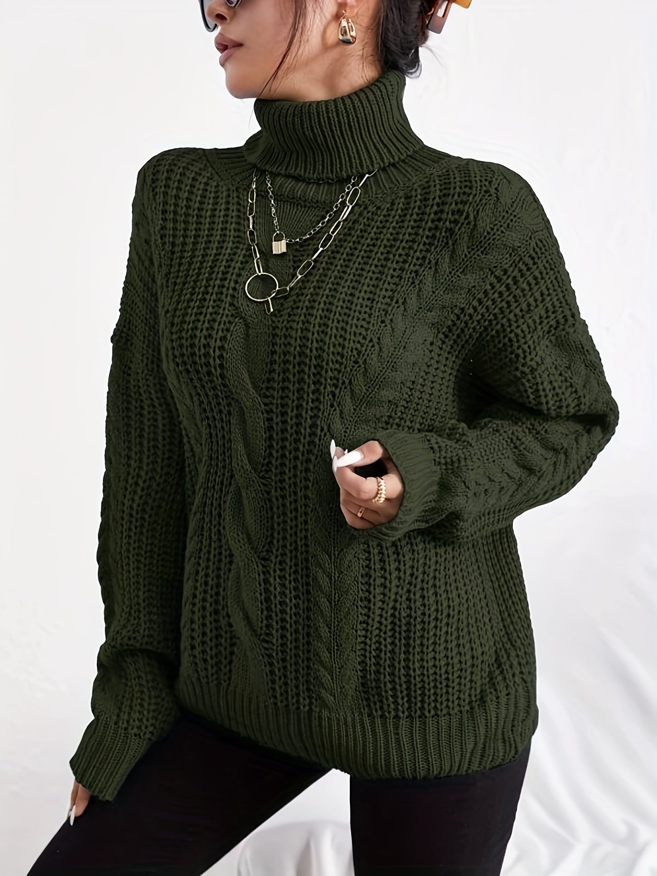 Antmvs Cable Knitted Turtle Neck Sweater, Casual Long Sleeve Sweater For Fall & Winter, Women's Clothing