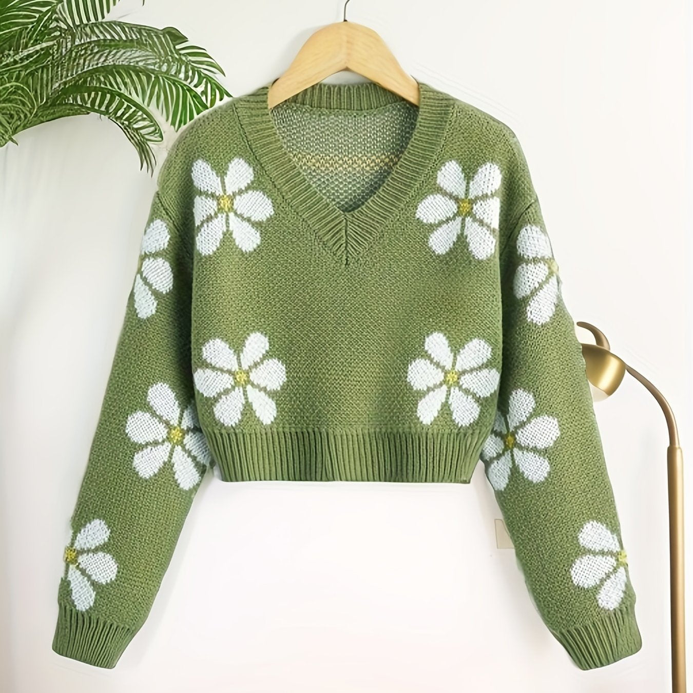 Antmvs Floral Jacquard Girls Drop Shoulder V-neck Knitted Sweater For Fall Winter