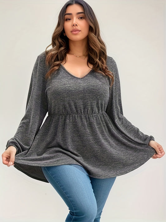 Antmvs Plus Size Casual Top, Women's Plus Plain Lantern Sleeve V Neck Nipped Waist Top