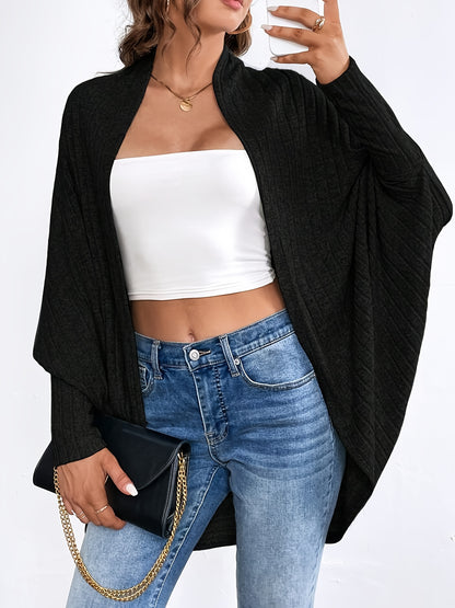 Antmvs Solid Open Front Knit Cardigan, Elegant Batwing Sleeve Oversized Sweater, Women's Clothing