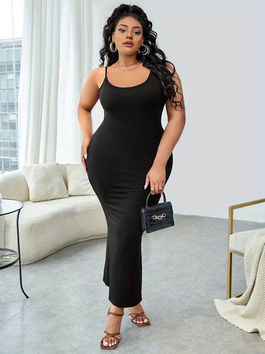 Antmvs Plus Size Sexy Dress, Women's Plus Solid Scoop Neck Medium Stretch Bodycon Maxi Midi Cami Dress