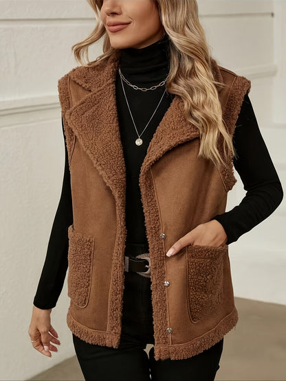 Antmvs Solid Patched Pockets Lapel Vest, Vintage Sleeveless Outwear For Fall & Winter, Women's Clothing