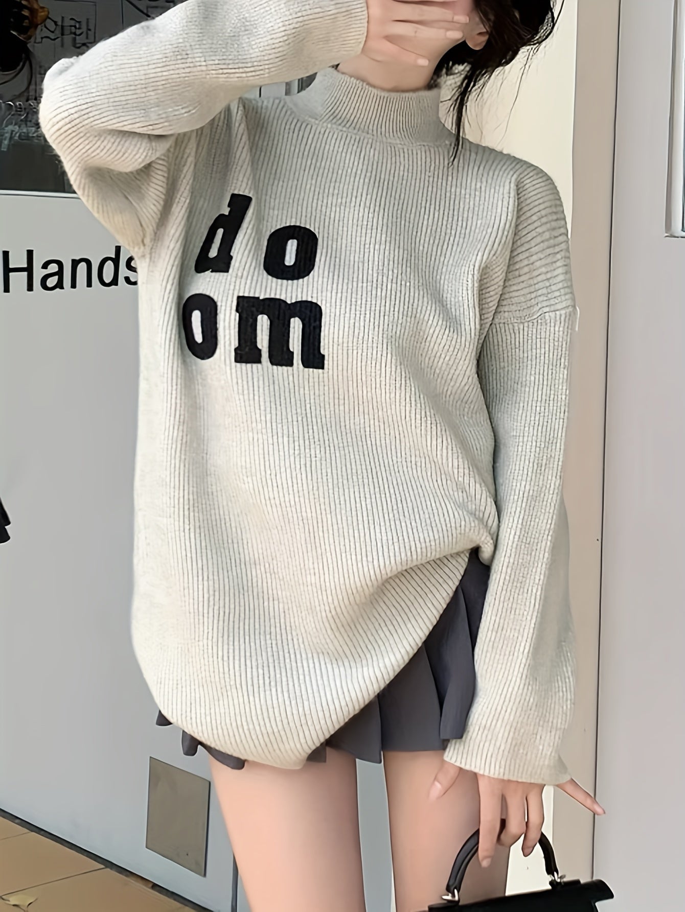 Antmvs Letter Pattern Mock Neck Pullover Sweater, Versatile Long Sleeve Loose Sweater For Fall & Winter, Women's Clothing