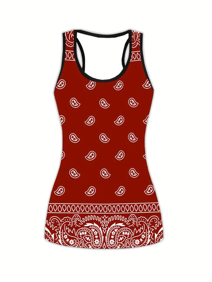 Plus Size Two Piece Sports Outfits Set - Women's Boho Chic Paisley Print Racer Back Tank Top & Leggings for Yoga, Running, Fitness, and Active Wear with Slight Stretch