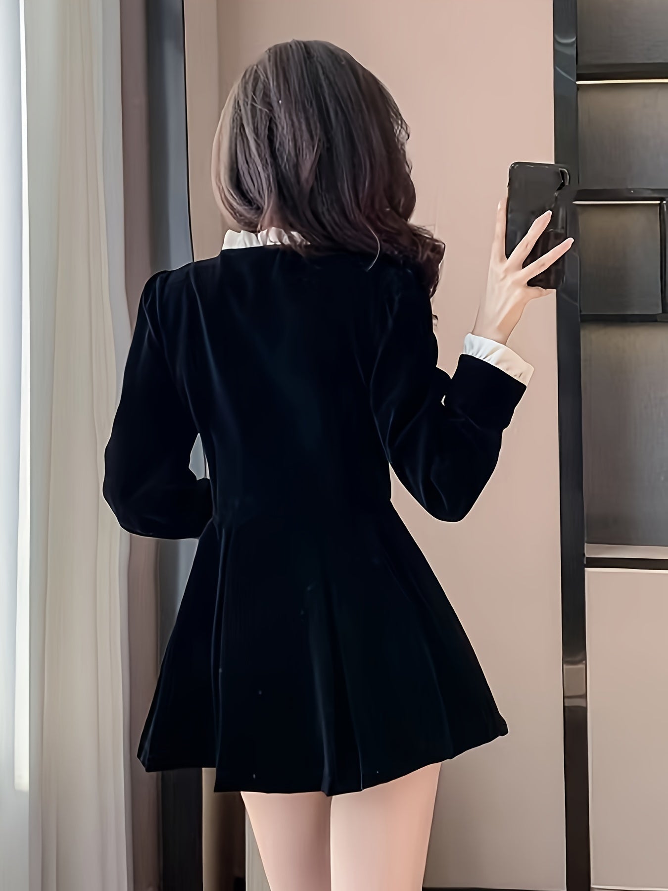 Antmvs Solid Button Front Waist Velvet Dress, Elegant Long Sleeve Frill Trim Dress, Women's Clothing