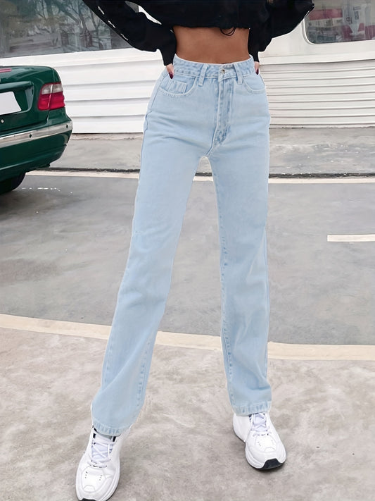 Antmvs Solid Color Straight Leg High Rise Denim Pants, Slant Pockets Button Causal Street Style Jeans, Women's Denim Jeans & Clothing