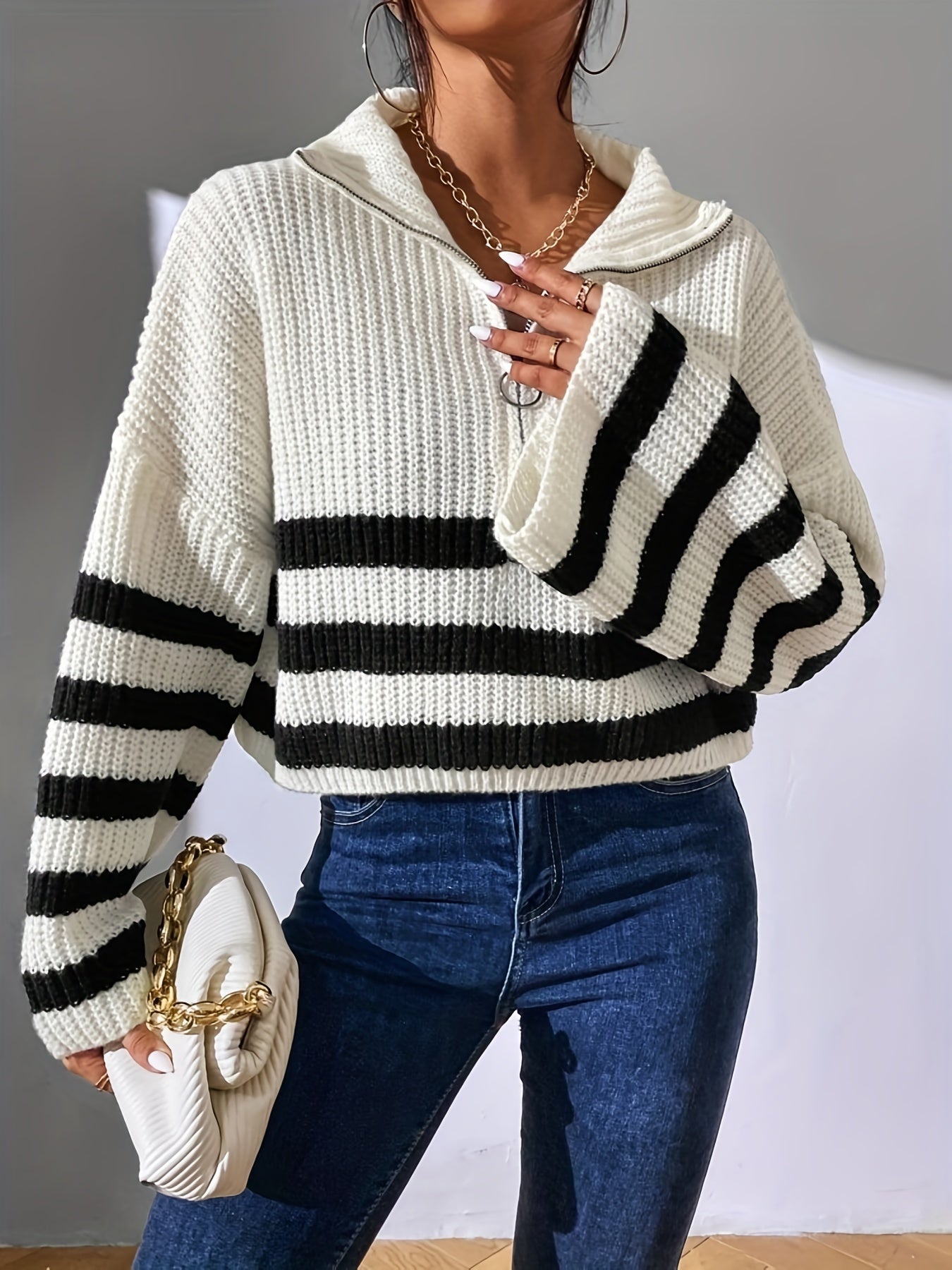 Antmvs Striped Pattern Half Zip Pullover Sweater, Casual Bell Sleeve Sweater For Fall & Winter, Women's Clothing
