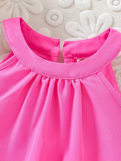 Girls Stylish Solid Halter Neck Dress With Fringe Trim