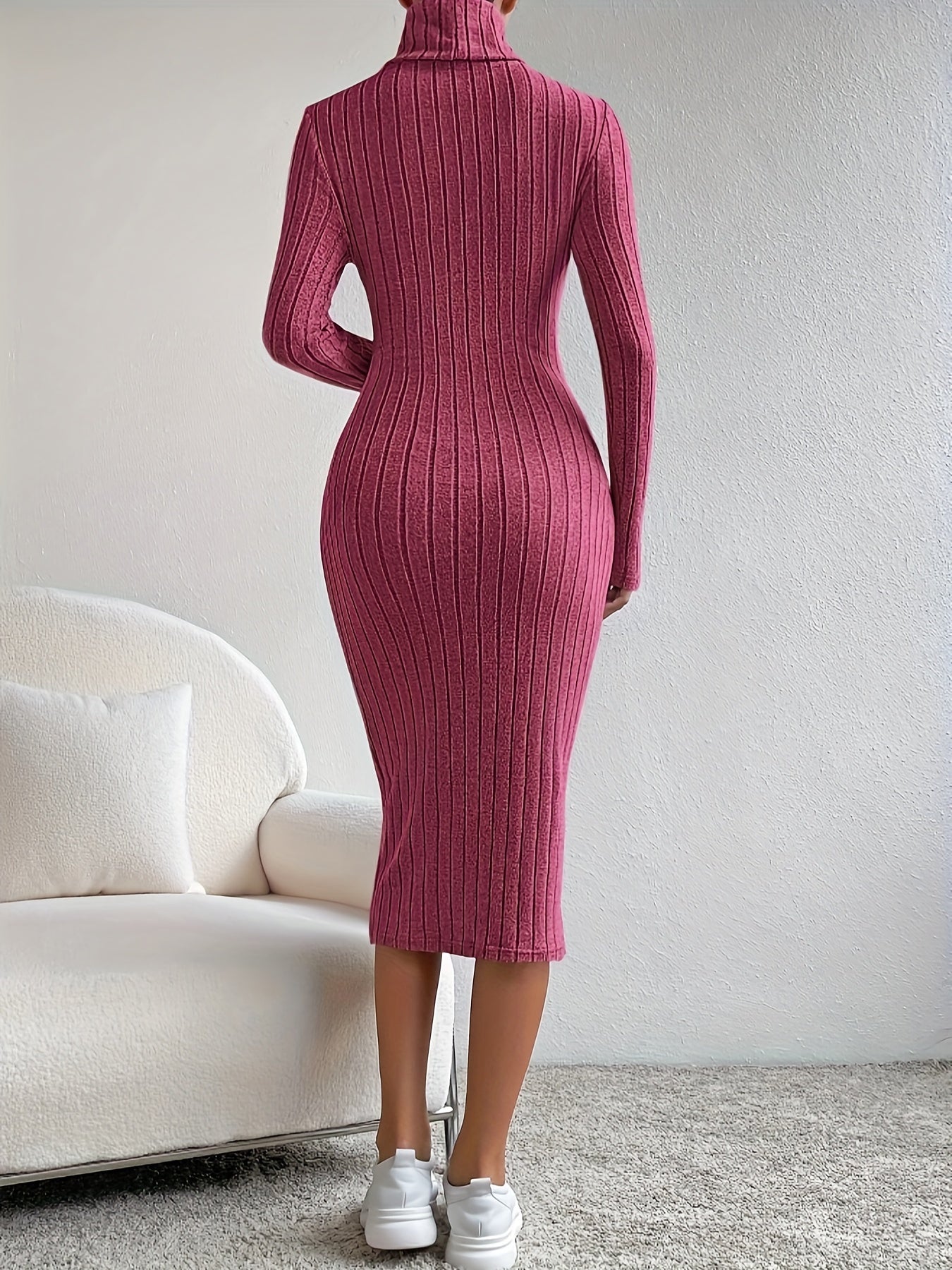 Antmvs Solid Ribbed Knit Long Sleeve Dress, Casual Turtle Neck Slim Dress For Fall & Winter, Women's Clothing