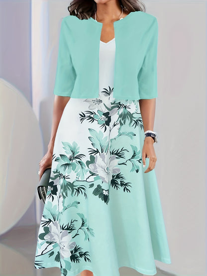 Antmvs Elegant Two-piece Dress Set, Crop Half Sleeve Top & Floral Print Tank Dress Outfits, Women's Clothing