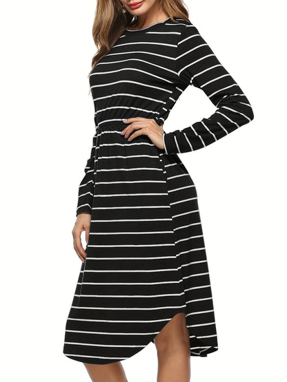 Antmvs Plus Size Elegant Dress, Women's Plus Striped Print Long Sleeve Round Neck Nipped Waist Asymmetric Hem Dress