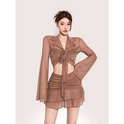 Antmvs Lexi Solid Color Brown Mesh Long Sleeve Front Tie Cropped Top + High Waist Pleated Mini Skirt Matching Set