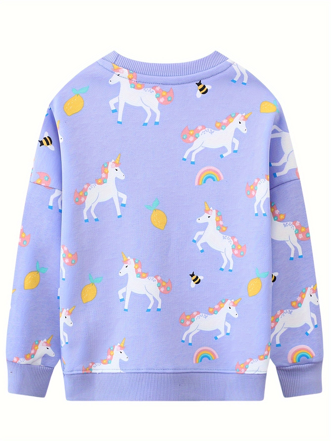 Allover Unicorns & Rainbow & Lemons Graphic Print, Girls Trendy & Casual Long Sleeve Cotton Sweatshirt For Fall & Winter, Girls Clothes