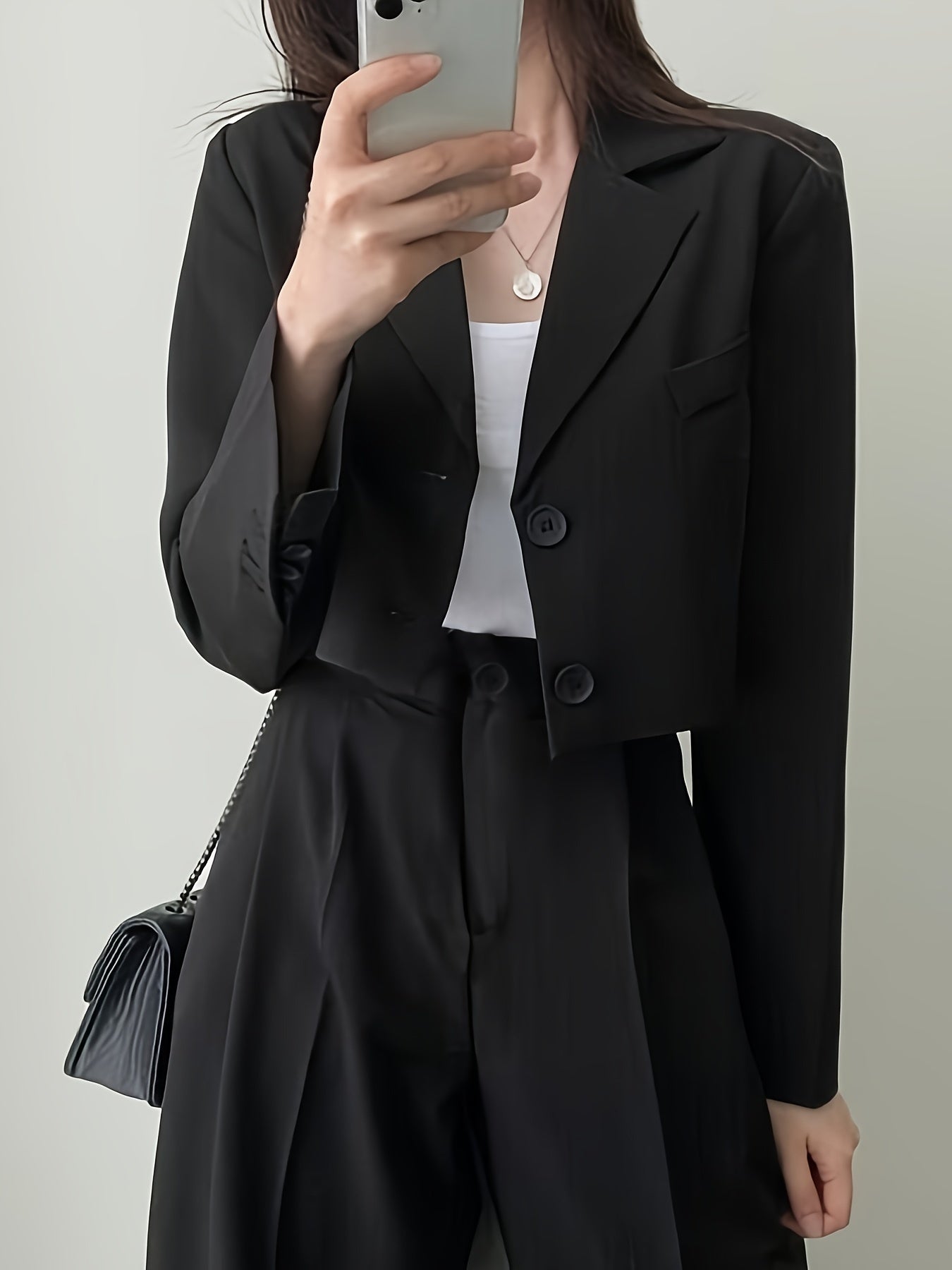 Antmvs Solid Button Front Crop Blazer, Elegant Lapel Long Sleeve Blazer For Office & Work, Women's Clothing