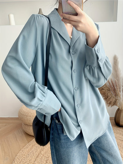 Antmvs Lantern Sleeve Button Shirt, Casual Long Sleeve Shirt For Spring & Fall, Women's Clothing