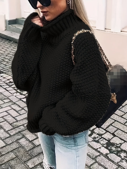 Antmvs Solid Turtle Neck Pullover Sweater, Casual Long Sleeve Sweater For Fall & Winter, Women's Clothing