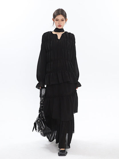 Antmvs Bailon Solid Color Black Chiffon Pleated Layered Long Blouse Skirt Dress Matching Set