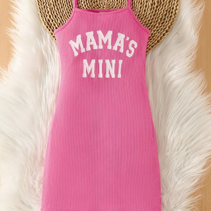 Chic 'Mama's Mini' Slogan Bodycon Cami Dress - Girls' Stretchy Ribbed Summer Wear