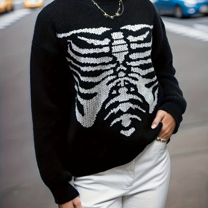 Antmvs Skeleton Pattern Drop Shoulder Sweater, Casual Long Sleeve Crew Neck Sweater For Fall & Winter, Women's Clothing