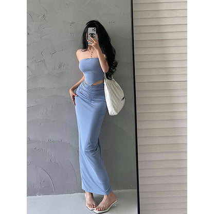 Antmvs Presila Solid Color Sleeveless Slim Bandeau Tube Top + Solid Color Pleated High V-Waist Back Slit Long Slim Skirt Matching Set