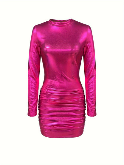 Antmvs Ruched Round Neck Dress, Long Sleeve Bodycon Dress, Women's Clothing