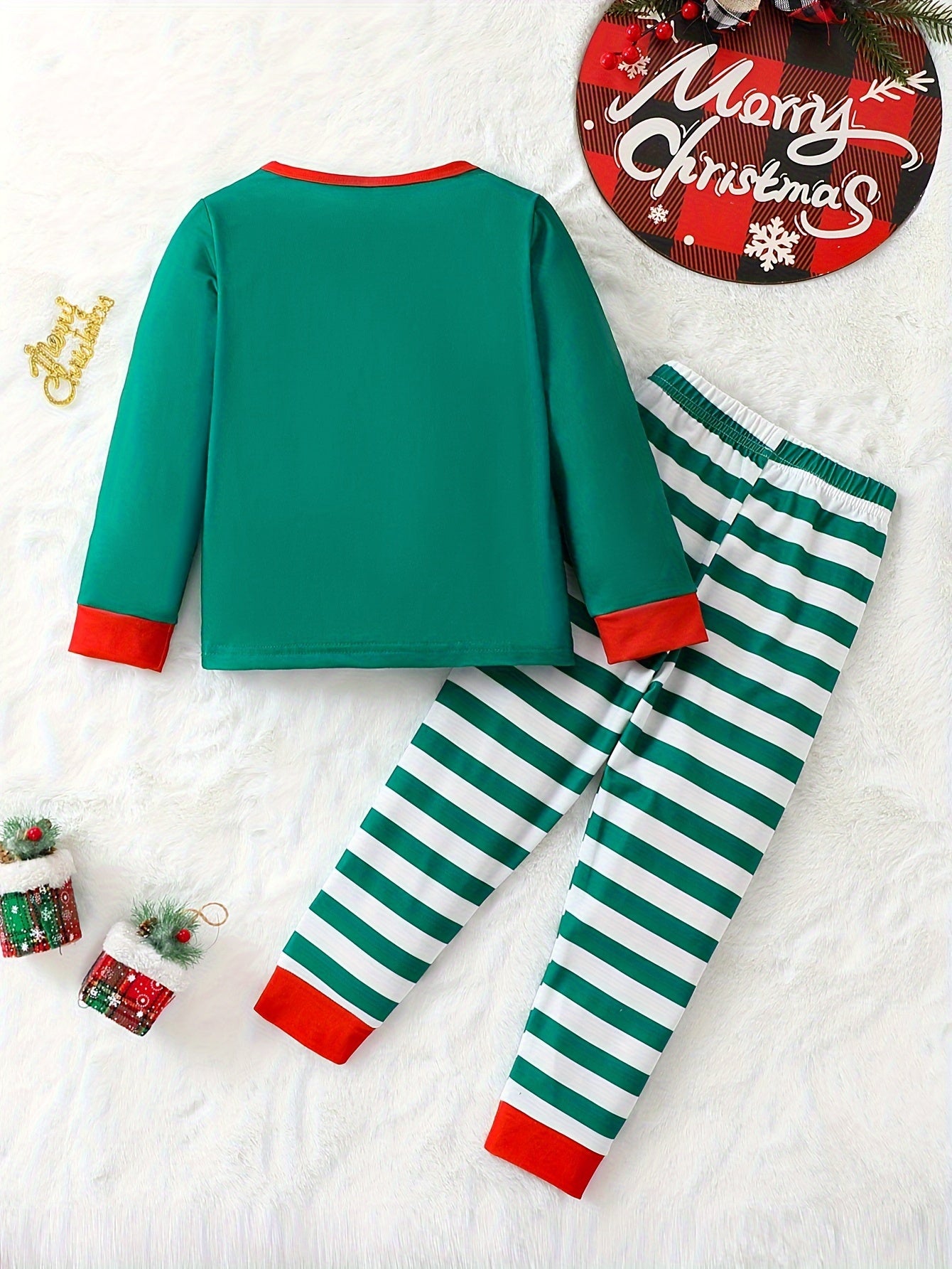 2pcs Long Sleeve Boy's Christmas Elf Pattern Outfit, Stripe Pants Set for Fall Winter Daily & Outdoor Wear, Kid's Novelty Clothes as Gift