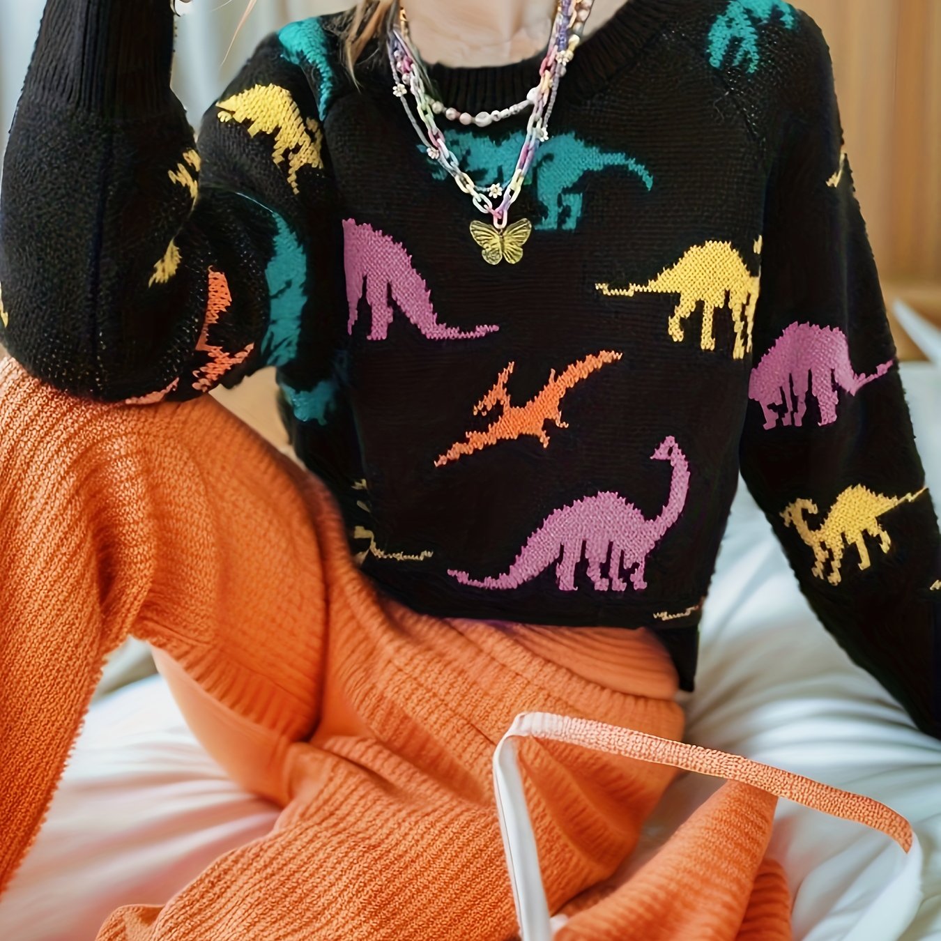 Antmvs Dinosaurs Print Crew Neck Pullover Sweater, Y2K Long Sleeve Color Block Knitted Sweater For Spring & Summer, Women's Clothing