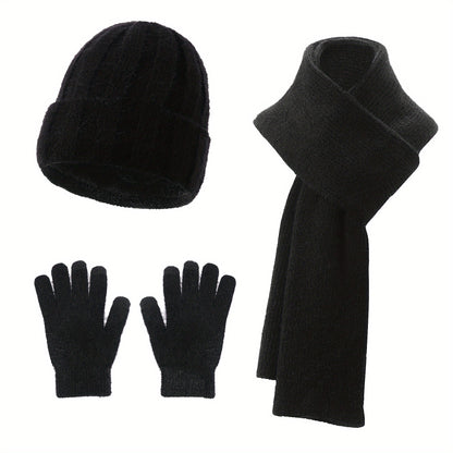 3pcs Gloves Scarf Beanie Set Solid Color Cuffed Beanies Elegant Simple Knit Mittens Thick Neck Gaiter Winter Warm Ski Hat For Women Outdoor