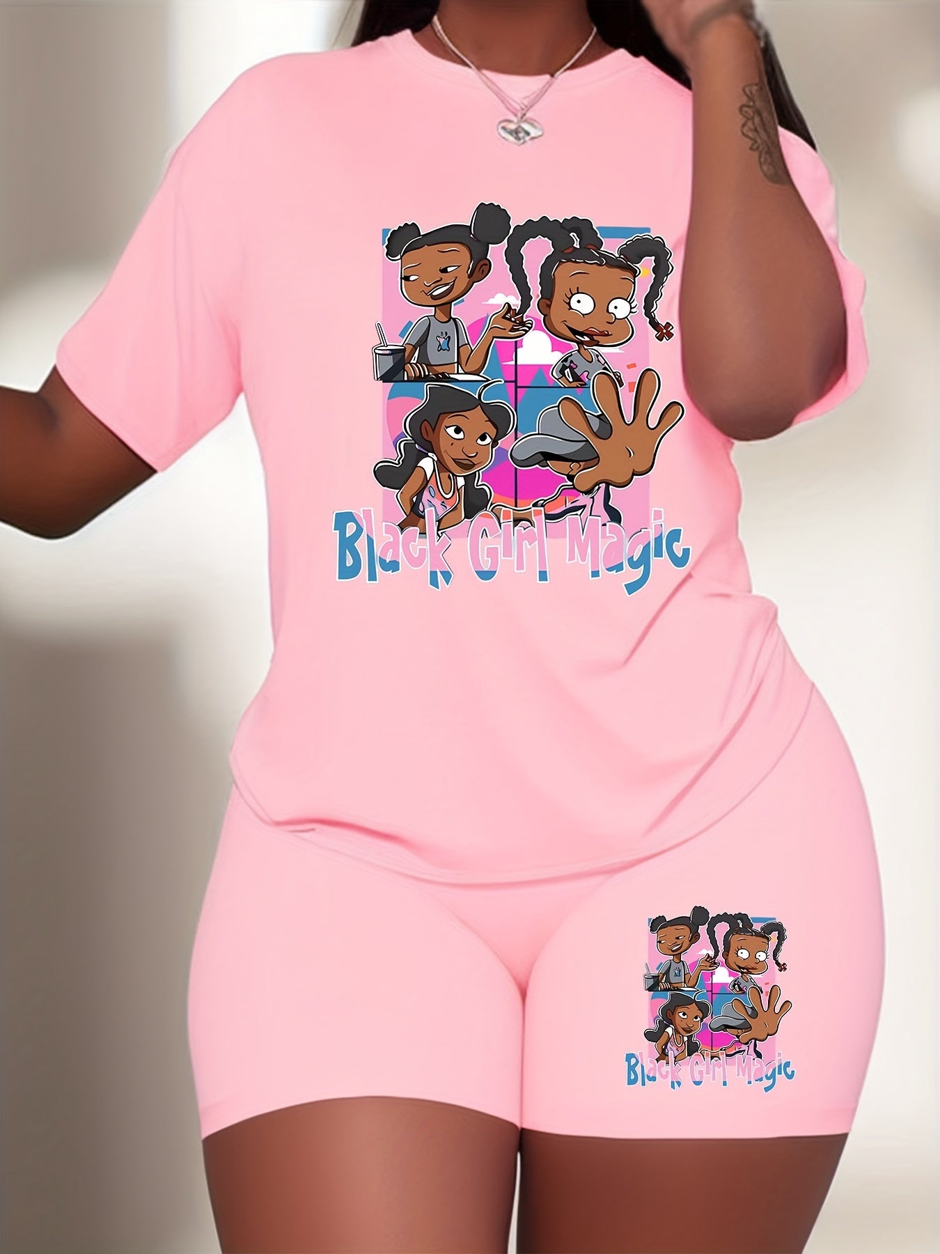 Plus Size Women's 2-Piece Set - Vibrant "Black Girl Magic" Graphic Tee and Matching Blue Shorts - Inspirational Casual Summer Outfit with Relaxed Fit, Breathable Fabric, and Stylish Design for Confident Women