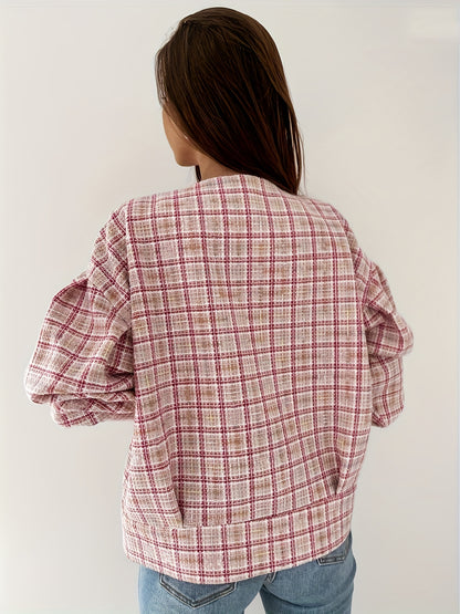 Antmvs Plaid Print Simple Jacket, Casual Button Front Long Sleeve Outerwear, Women's Clothing