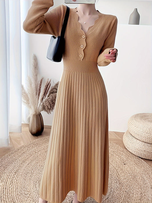 Antmvs Button Front Solid Midi Dress, Elegant V Neck Long Sleeve Dress, Women's Clothing