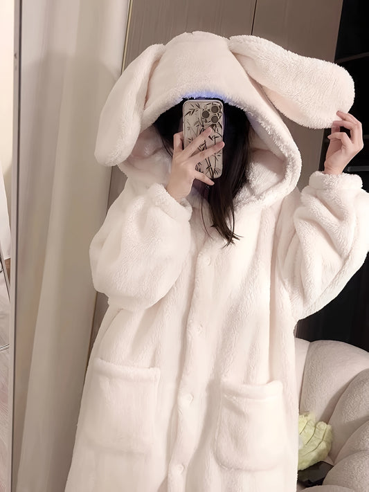 Antmvs Cute Rabbit Hooded Fleece Night Robe, Thickened Long Sleeve Button Up Robe With Pockets, Women's Sleepwear & Dresses