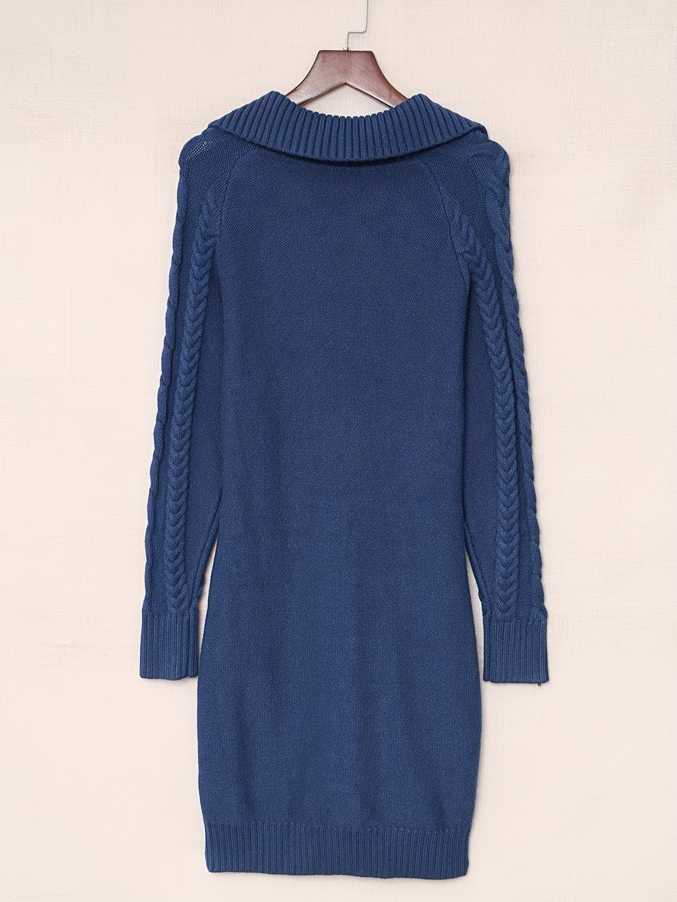 Antmvs Solid Cable Knit Sweater Dress, Elegant V Neck Long Sleeve Mini Dress, Women's Clothing