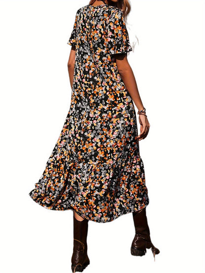 Antmvs Floral Print V Neck Dress, Casual Short Sleeve Ruffle Trim Summer Dress, Women's Clothing