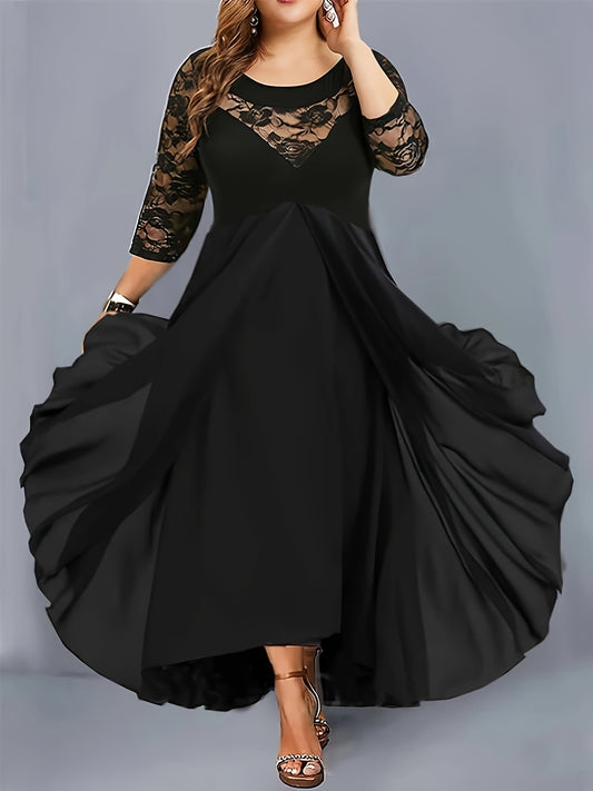 Antmvs Plus Size Casual Dress, Women's Plus Solid Contrast Lace Long Sleeve Round Neck Maxi Dress