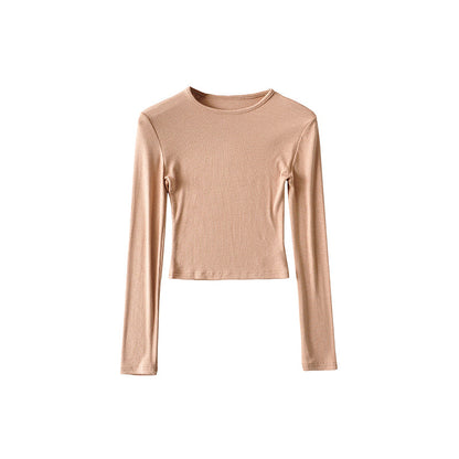 Antmvs Willy Solid Color Ribbed Round Neck Slim Long Sleeve Cropped Bodysuit Top