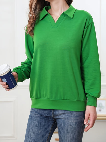 Antmvs Solid Polo Collar T-Shirt, Casual Long Sleeve Top For Spring & Fall, Women's Clothing