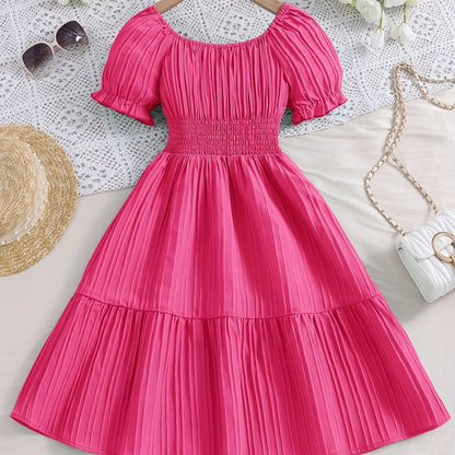 Knee High Girls Elegant Peplum Dress - Shirred, Puff Short Sleeve, Boat Neck, Non-Stretch Polyester, Solid Color, Casual Vacation Dress for Spring and Summer