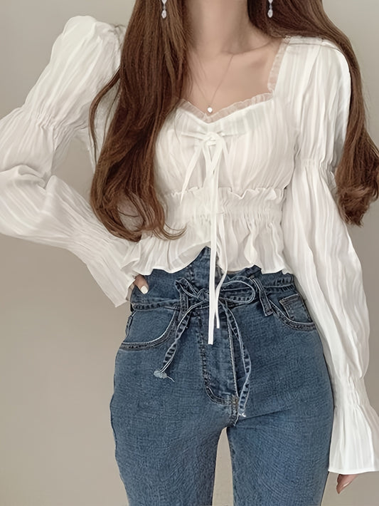 Antmvs Ruffle Trim Queen Anne Neck Blouse, Chic Puff Sleeve Cinched Waist Crop Blouse For Spring & Fall, Women's Clothing