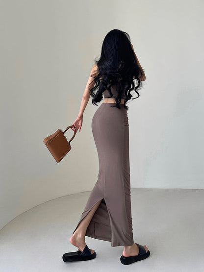 Antmvs Presila Solid Color Sleeveless Slim Bandeau Tube Top + Solid Color Pleated High V-Waist Back Slit Long Slim Skirt Matching Set