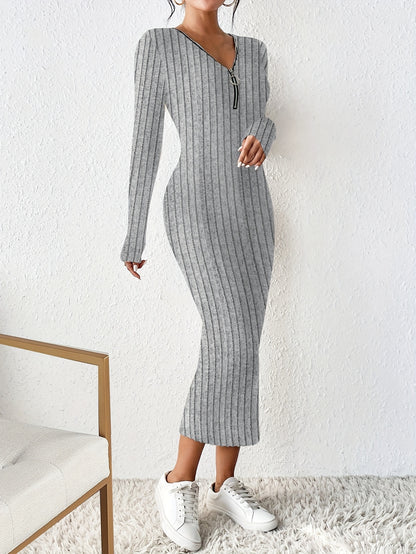 Antmvs Half Zip Ribbed Dress, Casual Solid Long Sleeve Every Day Dress, Women's Clothing