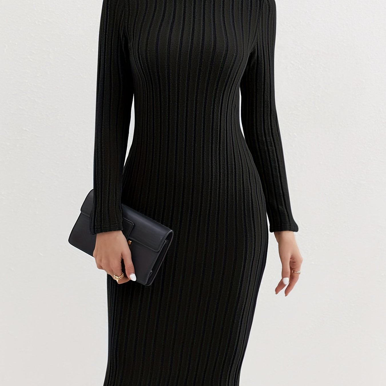 Antmvs Ribbed High Neck Dress, Elegant Solid Long Sleeve Bodycon Dress, Women's Clothing