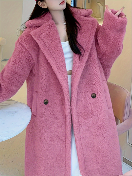 Antmvs Notched Collar Button Front Plush Coat, Casual Thermal Long Sleeve Teddy Bear Coat For Fall & Winter, Women's Clothing