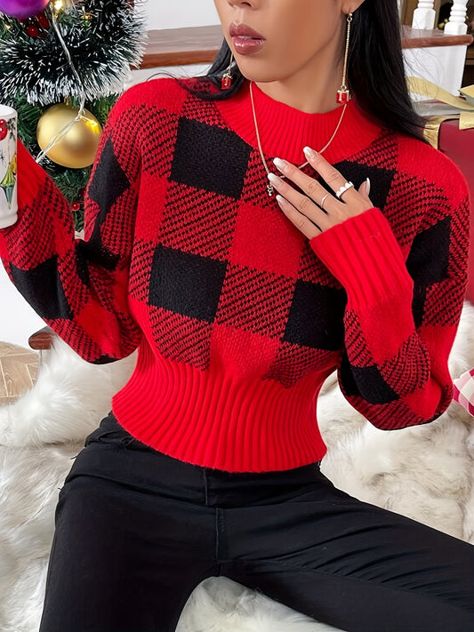 Antmvs Christmas Plaid Mock Neck Pullover Sweater, Casual Cinched Waist Long Sleeve Sweater, Women's Clothing