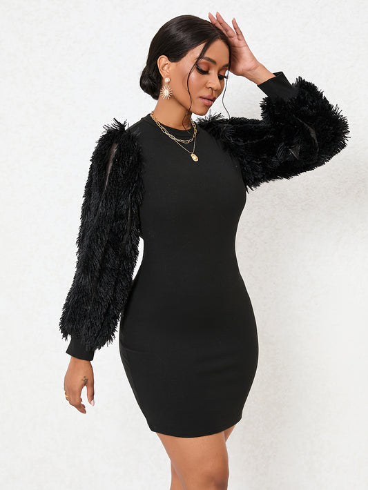 Antmvs Fluffy Solid Bodycon Dress, Elegant Crew Neck Long Sleeve Dress, Women's Clothing