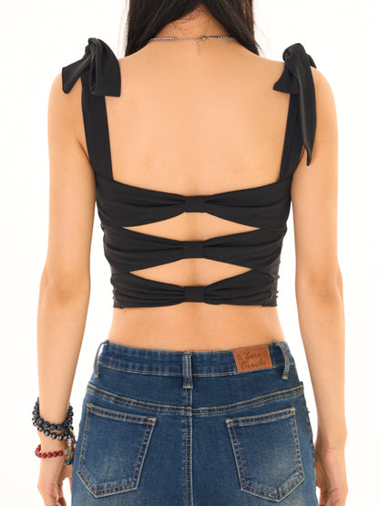 Antmvs Nora Solid Color Black Ribbon Tie Strap Slim Backless Cut Out Design Top