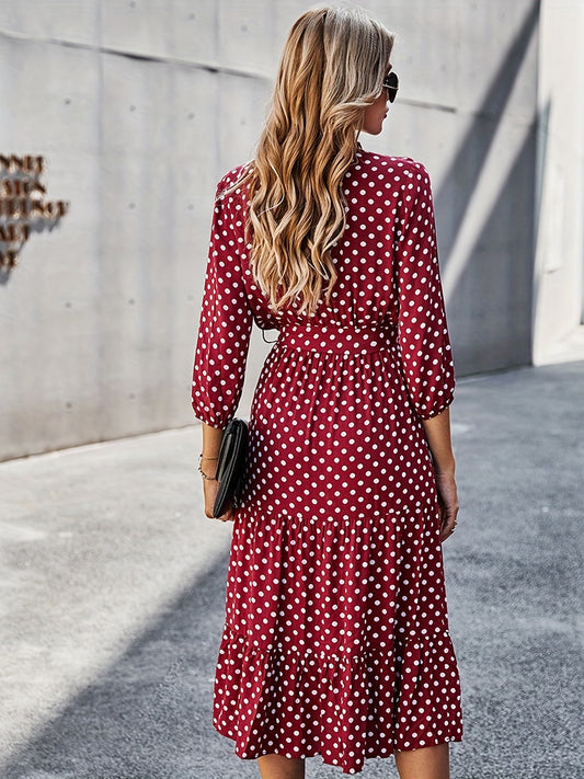 Antmvs Polka Dot Print 3/4 Sleeve Dress, Elegant Wrap Neck Midi Dress, Women's Clothing