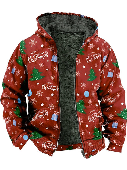 Plus Size Men's Christmas Tree Graphic Print Hooded Jacket Fall Winter Tops, Men's Clothing