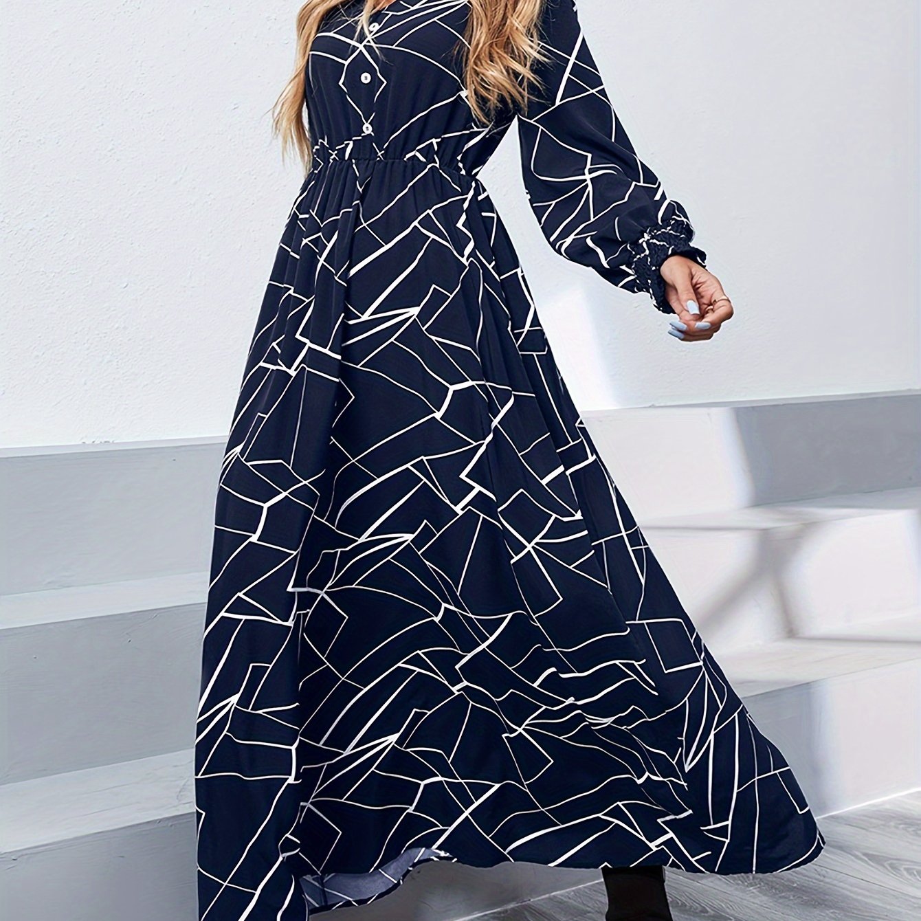 Antmvs Abstract Print Shirred V-neck Dress, Elegant Button Long Sleeve High-waist Dress For Every Day, Women's Clothing