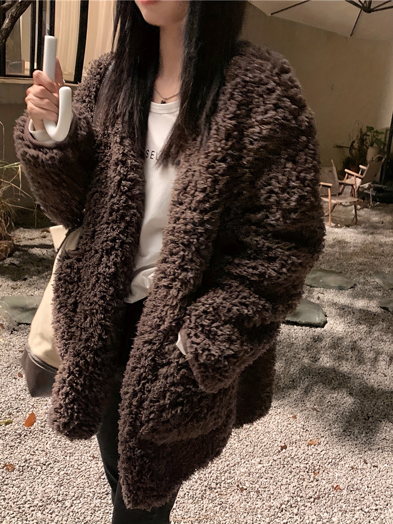 Antmvs Faux Fur Open Front Coat, Casual Long Sleeve Winter Warm Outerwear, Women's Clothing